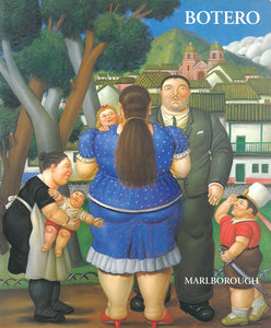 Marlborough book cover for Botero featuring six figures of varying sizes in a suburban landscape scene with mountains, homes, and a church in the horizon