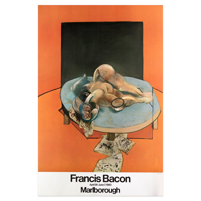 1980 Francis Bacon poster featuring an orange background and a humanoid figure lying down on a table