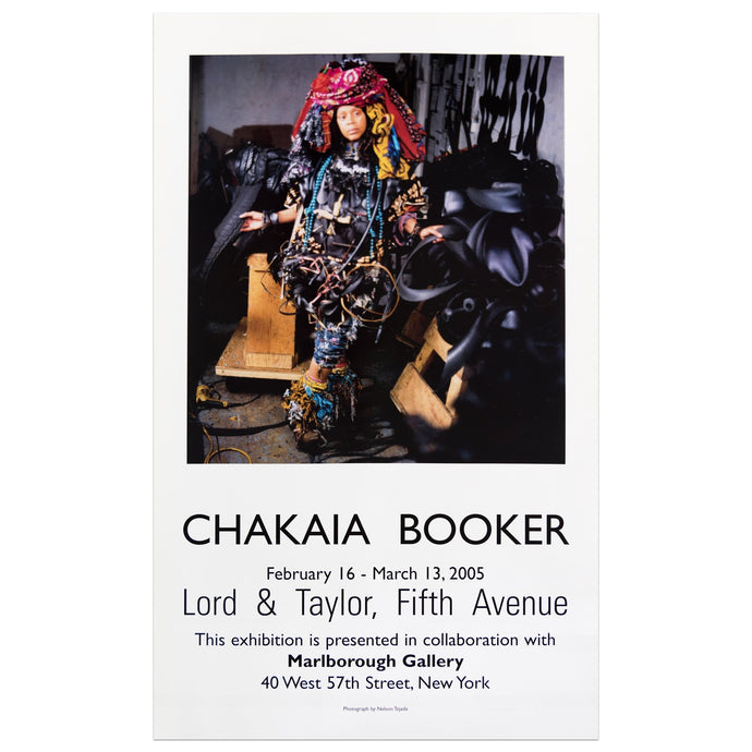 2005 Marlborough Gallery poster for Chakaia Booker featuring a portrait of the artist in her studio