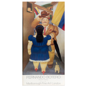 Marlborough Fine Art London poster for Fernando featuring a man and woman in an alleyway, a few Colombian flags, a dog, and a woman looking at them from a window
