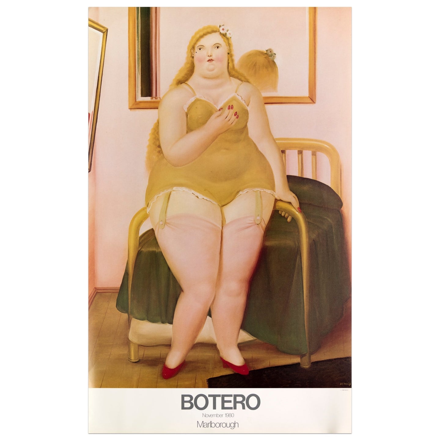 1980 Marlborough poster for Botero featuring a woman standing in gold lingerie in front of a bed 