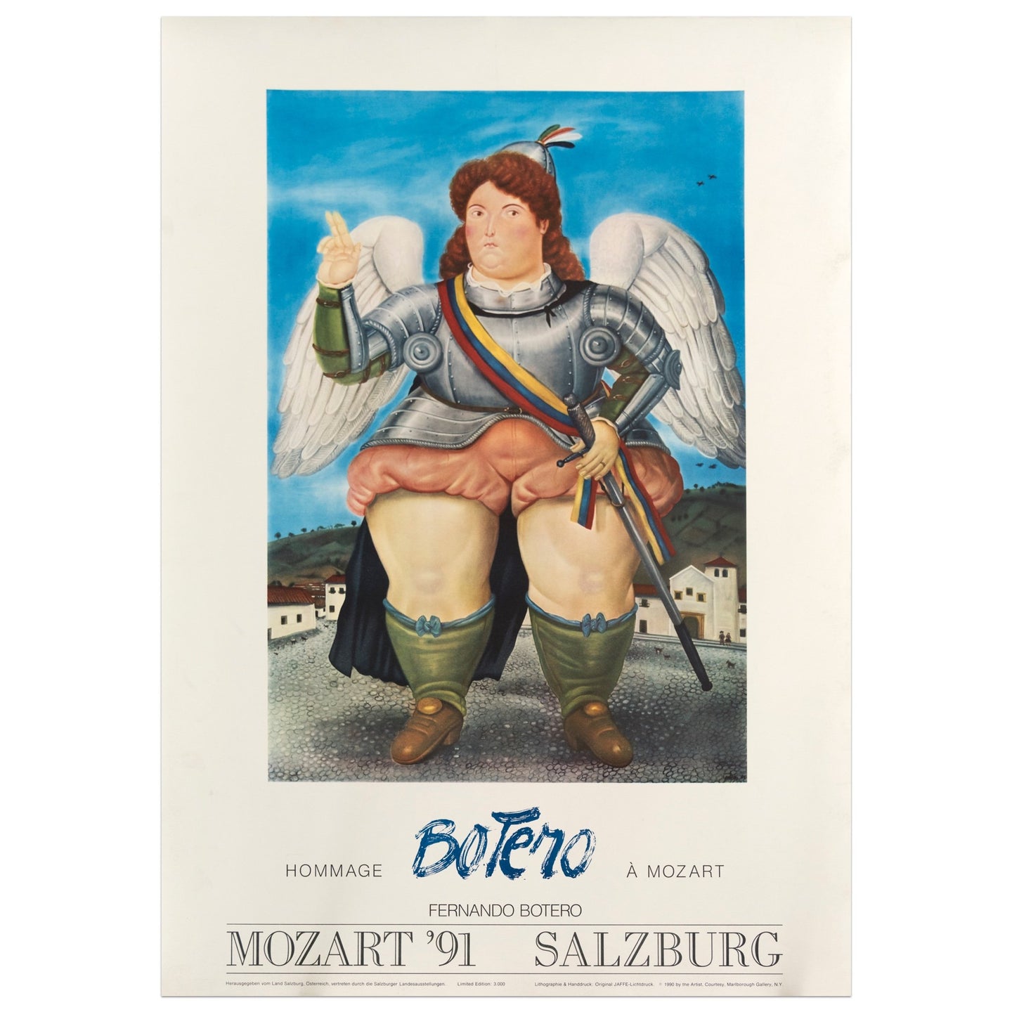 1991 Fernando Botero poster for a hommage to Mozart; featuring a Colombian woman dressed in armor, wings, and holding a sword outdoors