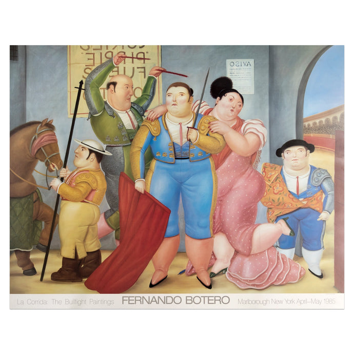 1985 Marlborough New York poster for Fernando Botero's bullfight paintings; featuring five figures and a horse