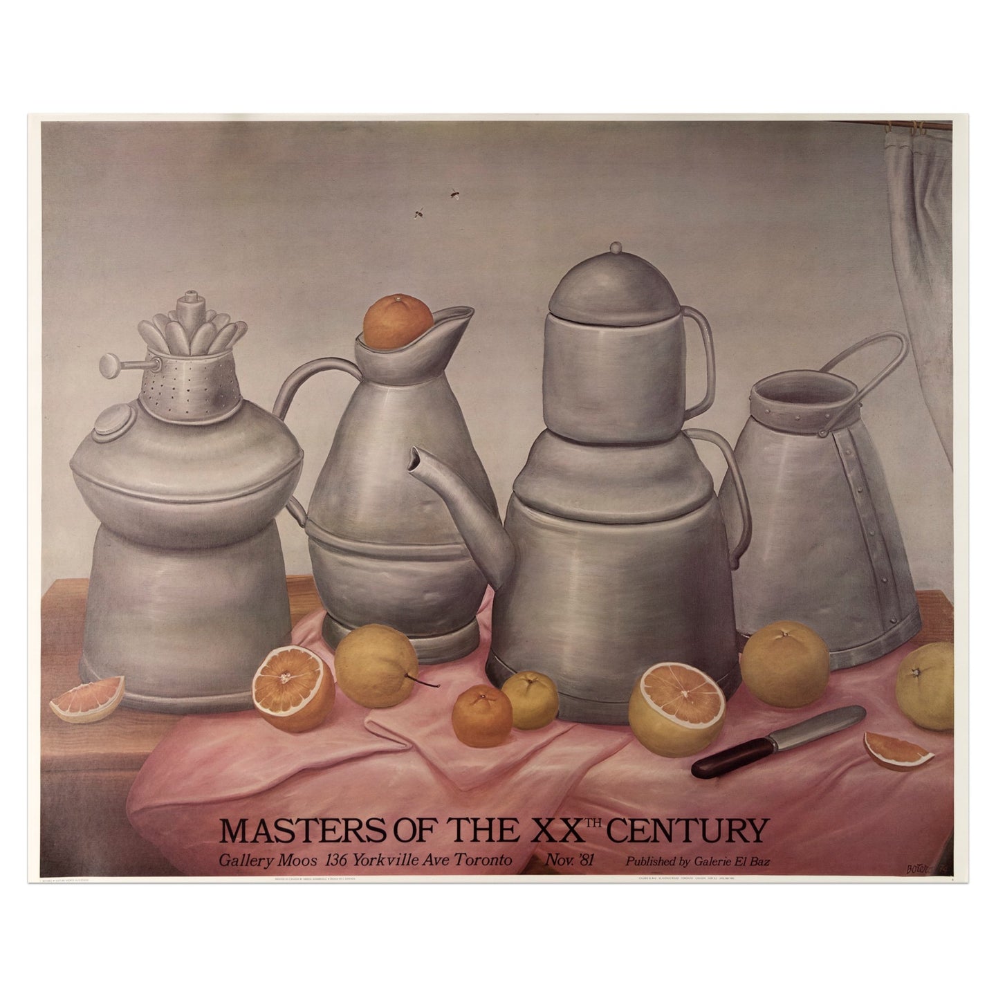 1981 Masters of the 20th Century poster published by Galerie El Baz featuring a still life painting by Fernando Botero of a still life scene with four kettles and sliced citurs