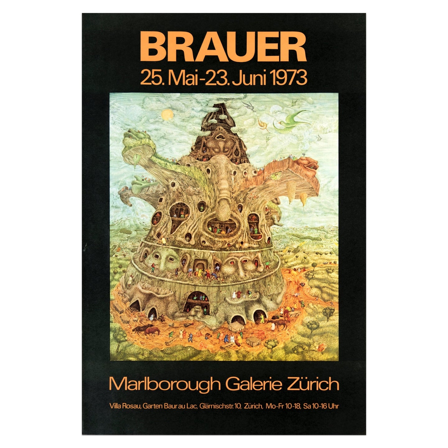 1973 Arik Brauer black and orange poster featuring a surreal landscape scene
