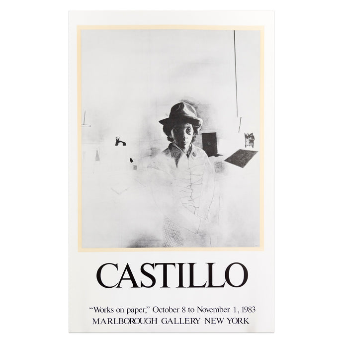 1983 Jorge Castillo poster featuring the artist's works on paper. Pencil drawing of a man standing with a hat on
