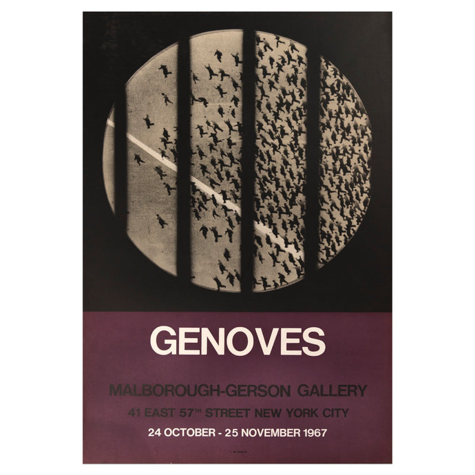1967 Juan Genoves poster featuring a black and white bird's-eye view of a crowd running in a circular frame, divided by black bars