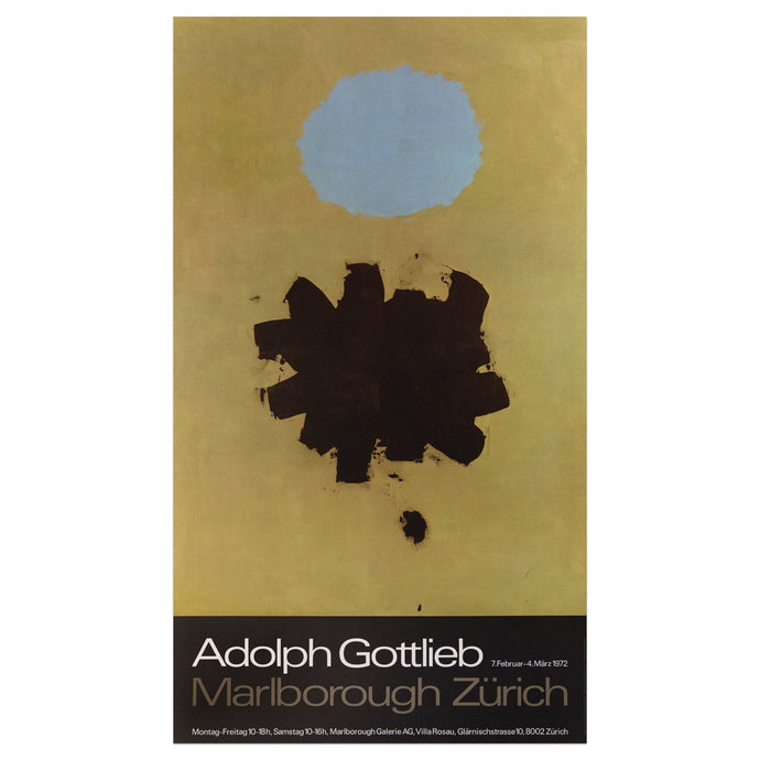 1972 Adolph Gottlieb Marlborough Zürich poster of a painting featuring a gold background and a black and light clusters of paint 