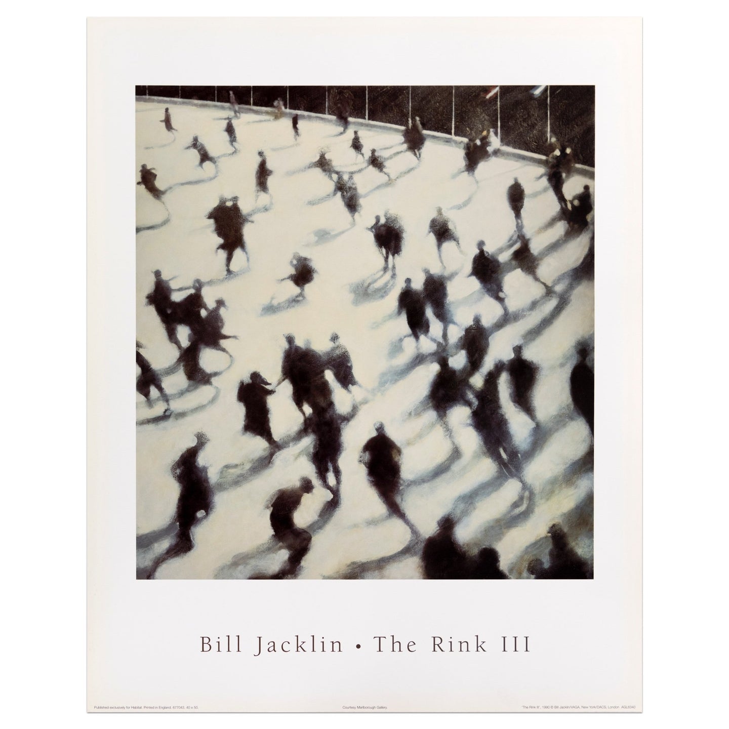 Bill Jacklin poster of piece entitled The Rink III featuring a busy ice rink scene in black and white