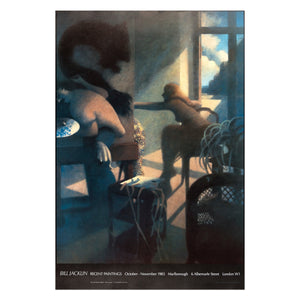 Bill Jacklin recent paintings poster from 1983 featuring a man and a monster along with a woman sitting beside a window