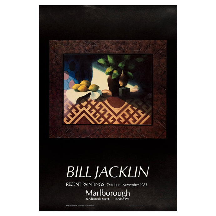 1983 Marlborough Recent Paintings poster for Bill Jacklin featuring a still life scene of lights hitting a basket with lemons near a plant and a sculpture head