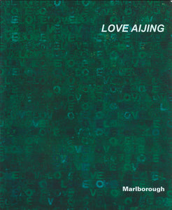 Aijing Catalogue cover featuring a green painting with the word Love repeated throughout