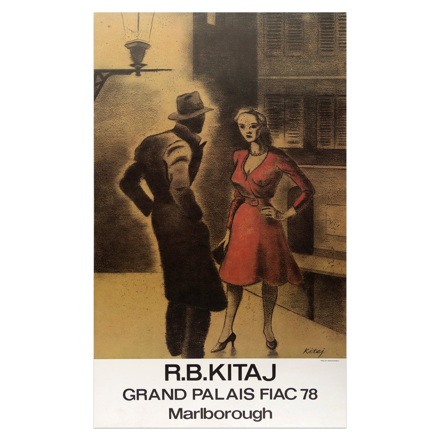 1978 R.B. Kitaj poster for Grand Palais FIAC featuring a woman in a red dress talking to a man under a street light at night
