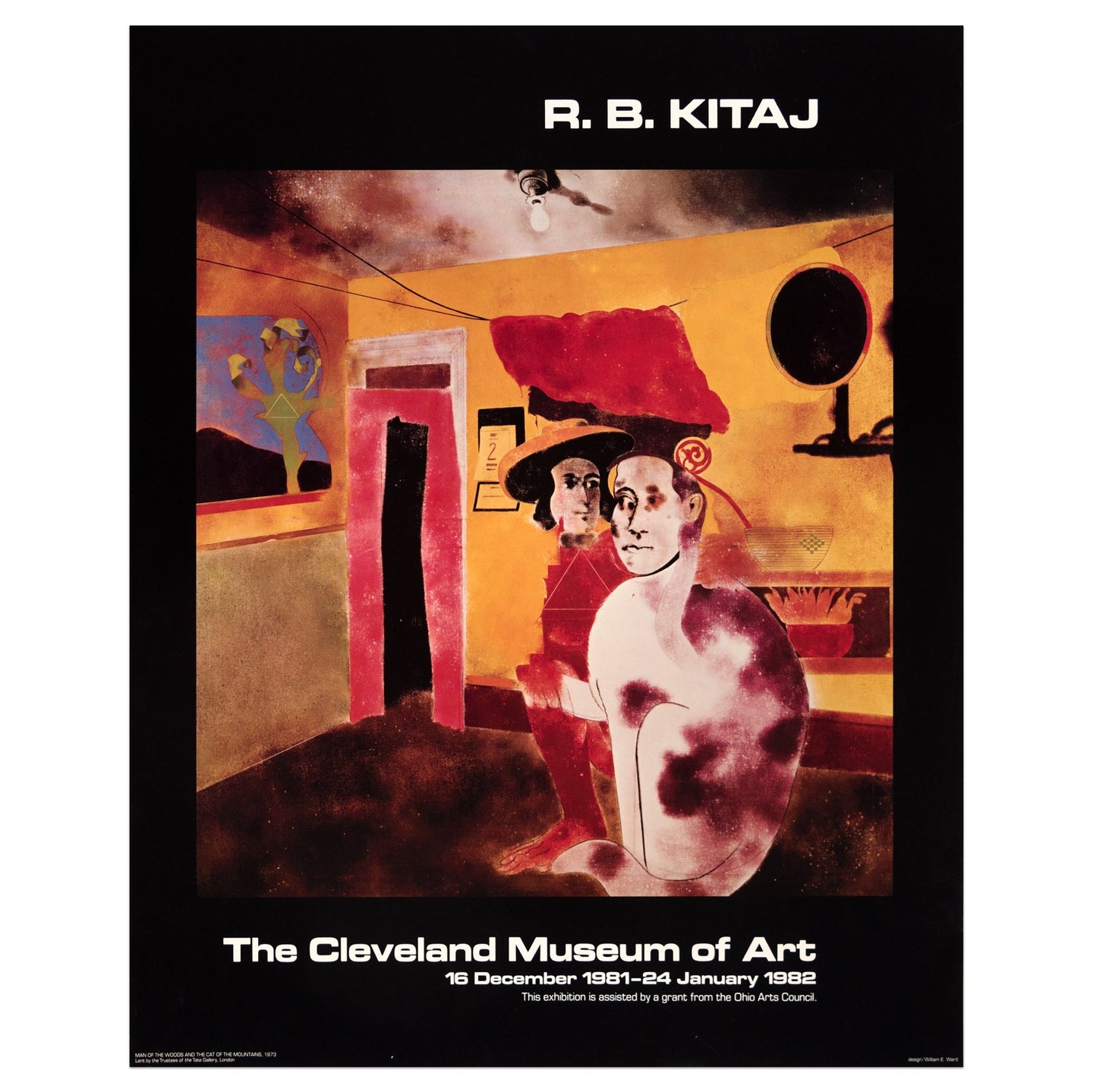 1982 The Cleveland Museum of Art poster for R.B. Kitaj featuring two human/animal figures in a predominantly yellow and orange room at night