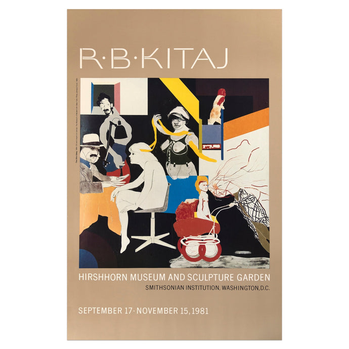 1981 R.B Kitaj poster featuring a tan background and a collage with six figures in a colorful abstract setting