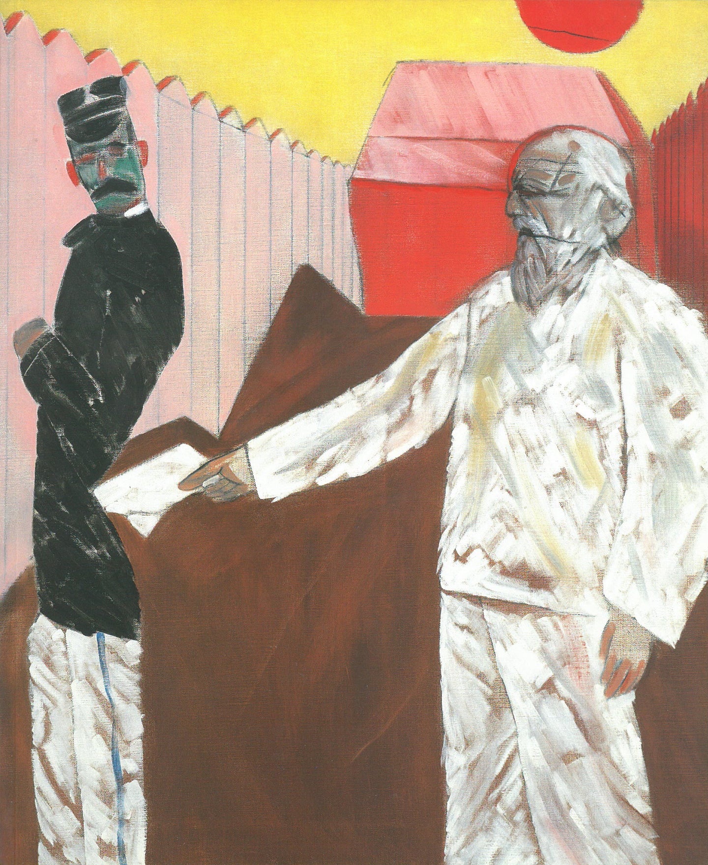 Kitaj catalogue cover featuring a painting of two men on a pink and yellow background