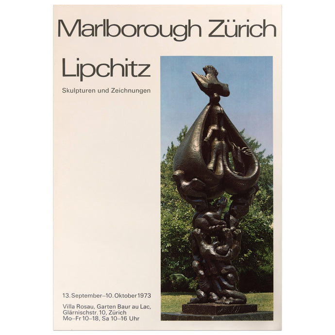 1973 Marlborough Zürich poster for Jacques Lipchitz featuring an outdoor installation photo of a tall bronze sculpture with animals embedded throughout