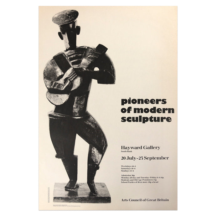 Pioneers of modern sculpture poster featuring a sculpture by Jacques Lipchitz of a standing man holding a guitar