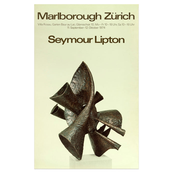 1974 Marlborough Zürich poster for Seymour Lipton featuring a bronze sculpture in then form of two twisted instruments