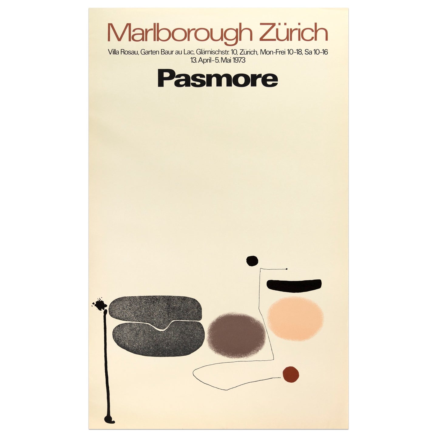 1973 Marlborough Zürich Victor Pasmore poster featuring a simple abstract composition of light and dark toned circular shapes and lines