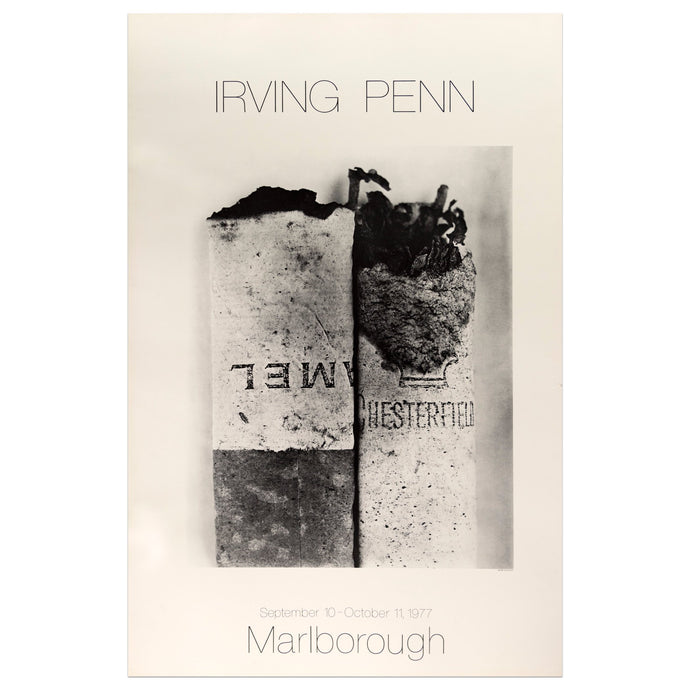 1977 Marlborough poster for Irving Penn featuring a black and white photographic of cigarette butts