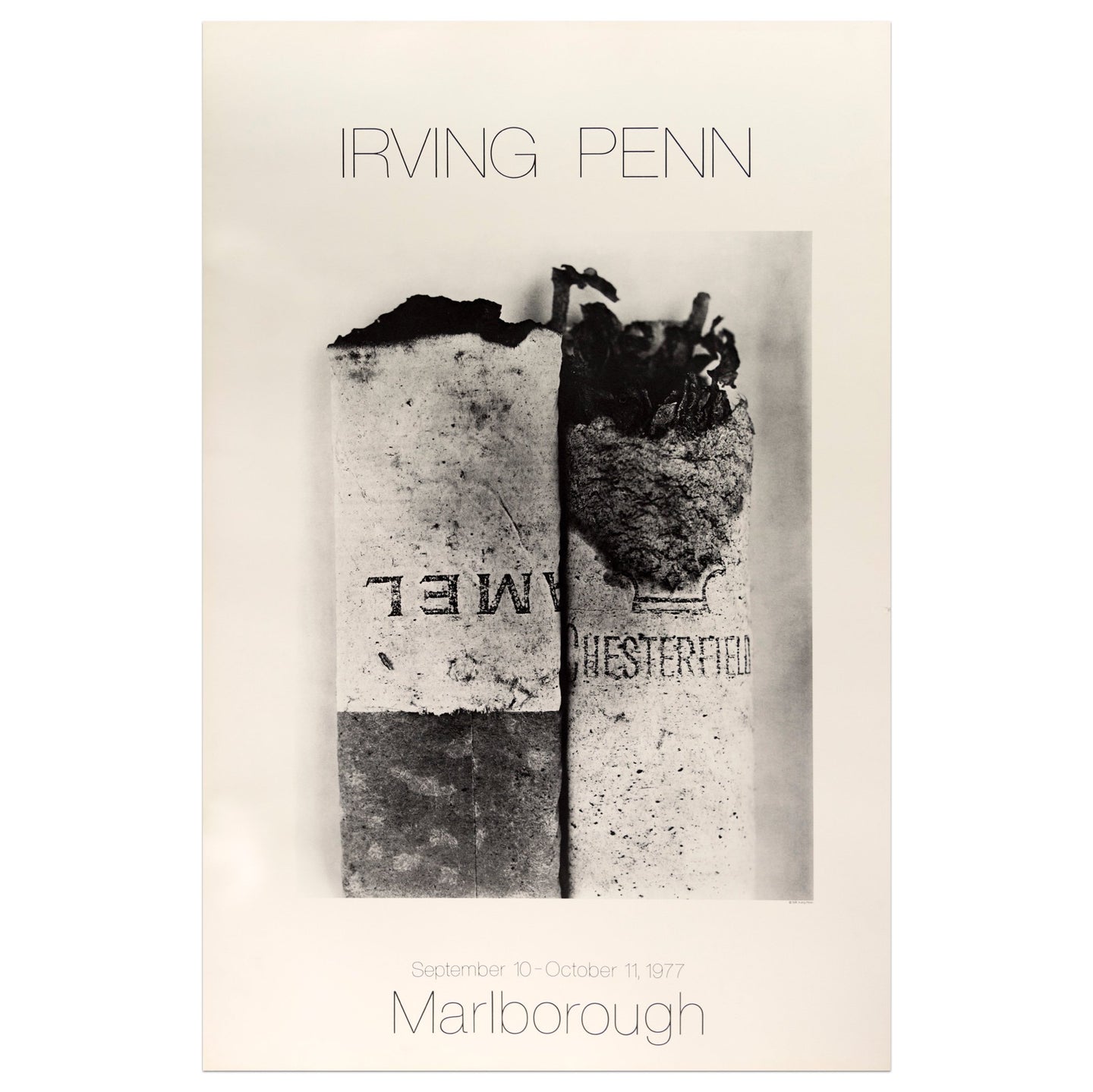 1977 Marlborough poster for Irving Penn featuring a black and white photographic of cigarette butts