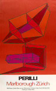 1973 Marlborough Zürich Perilli poster featuring red geometric red, orange, and pink forms