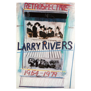 Poster for Larry Rivers retrospective, 1974-1979 featuring two renderings of five seated Dutch Masters figures