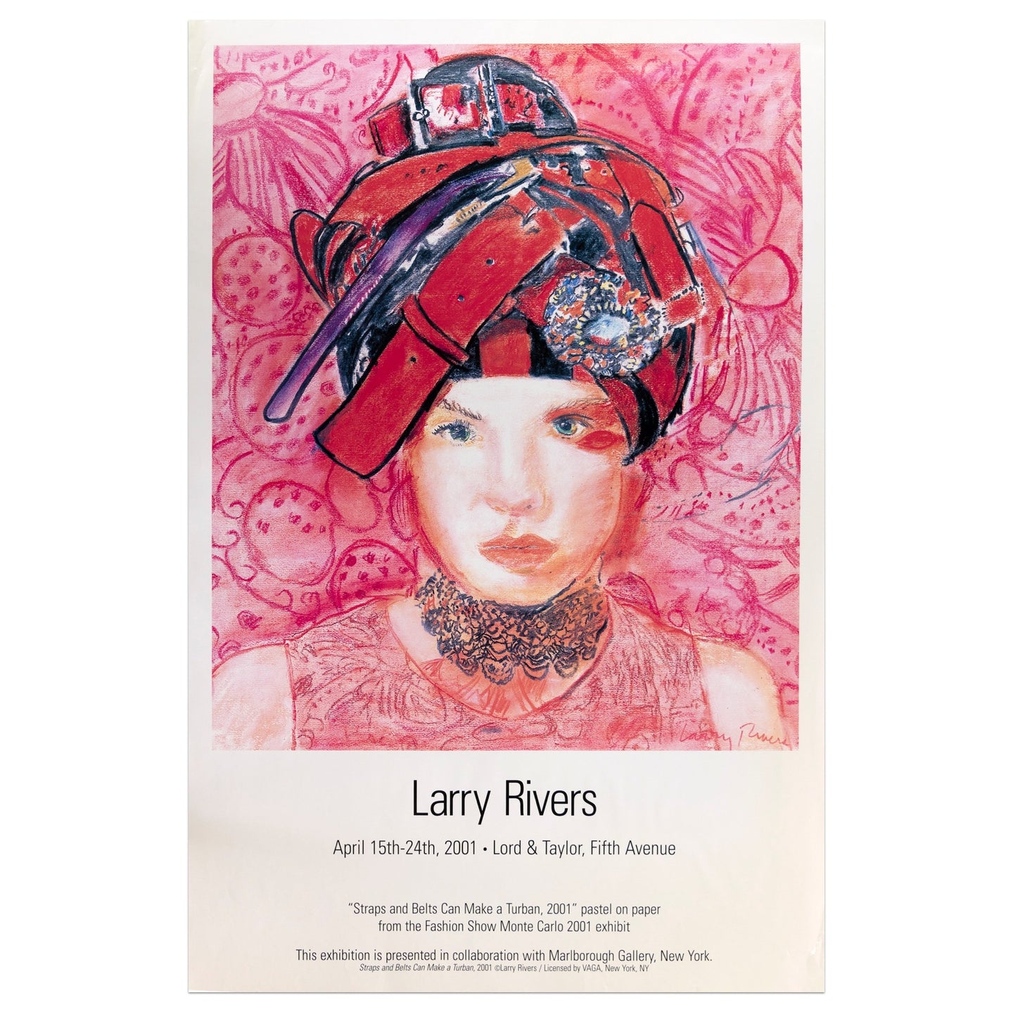 2001 Larry Rivers poster featuring a woman with a red belt head-piece against a pink patterned background