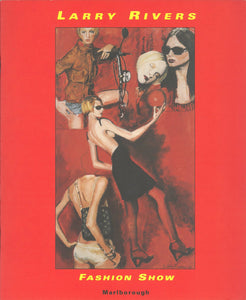 Rivers catalogue cover featuring a painting of several models on a red background