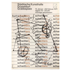 1971 Kurt Schwitters poster featuring the artist's name written multiple times in black and brown typed lettering overlayed by a drawing of a wheel contraption