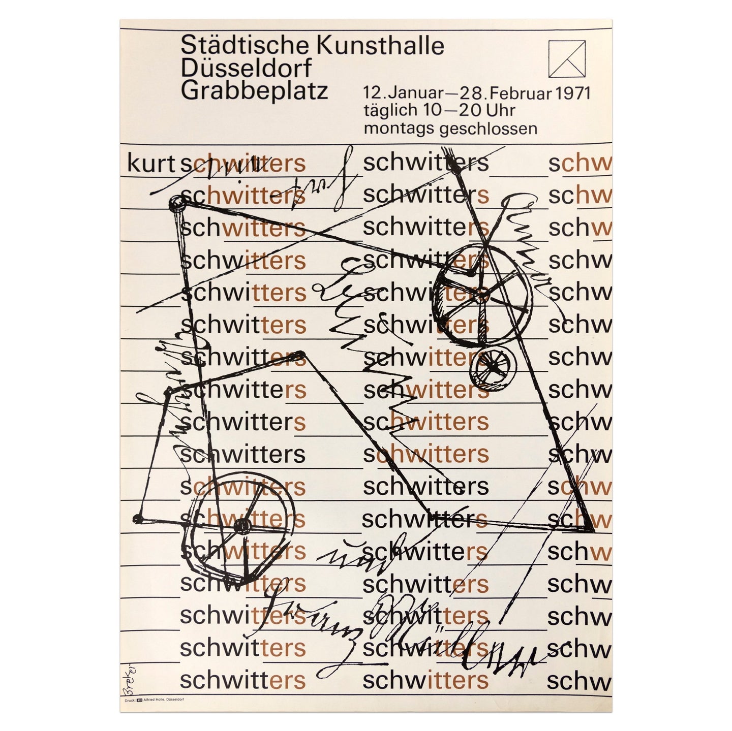 1971 Kurt Schwitters poster featuring the artist's name written multiple times in black and brown typed lettering overlayed by a drawing of a wheel contraption