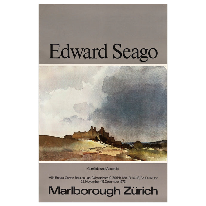 1973 Marlborough Zürich poster for Edward Seago featuring a watercolor painting of a stormy beach scene