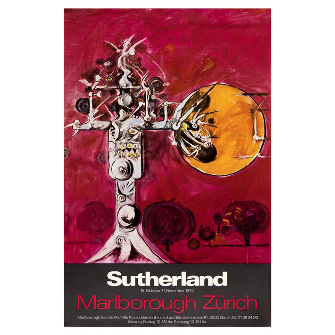1792 Marlborough Zürich poster for Graham Sutherland featuring an abstract composition of a predominately pink nature scene with trees a sun