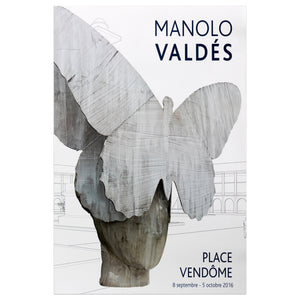 Poster for Manolo Valdés aluminum sculpture placed at Place Vendôme featuring the bottom half of a human head and neck and a butterfly on the top half