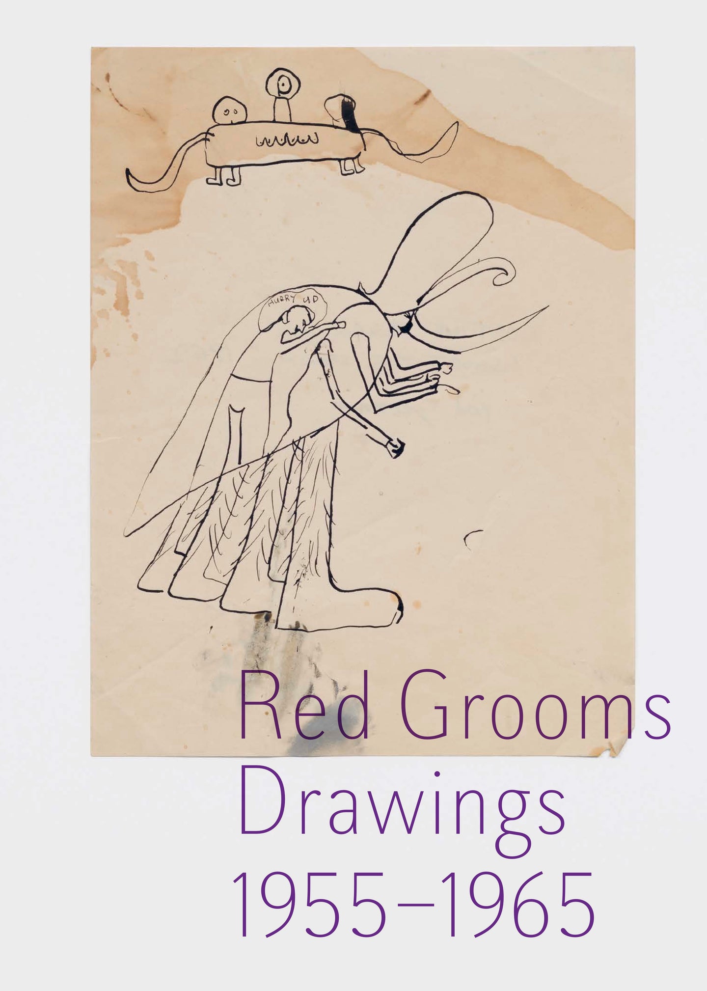 Book cover entitled Red Grooms Drawings: 1055-1965 featuring coffee-stained paper and a drawing of a few humanoid creatures with dialogue